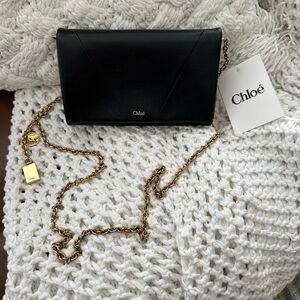 Chloé Flap Leather Wallet on a Chain - Black/Gold - New with Tags